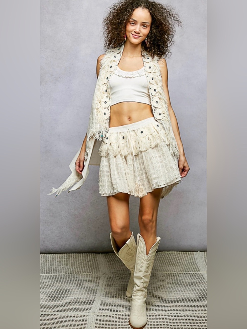POL Boho Cream Textured Fringe Mini Skirt